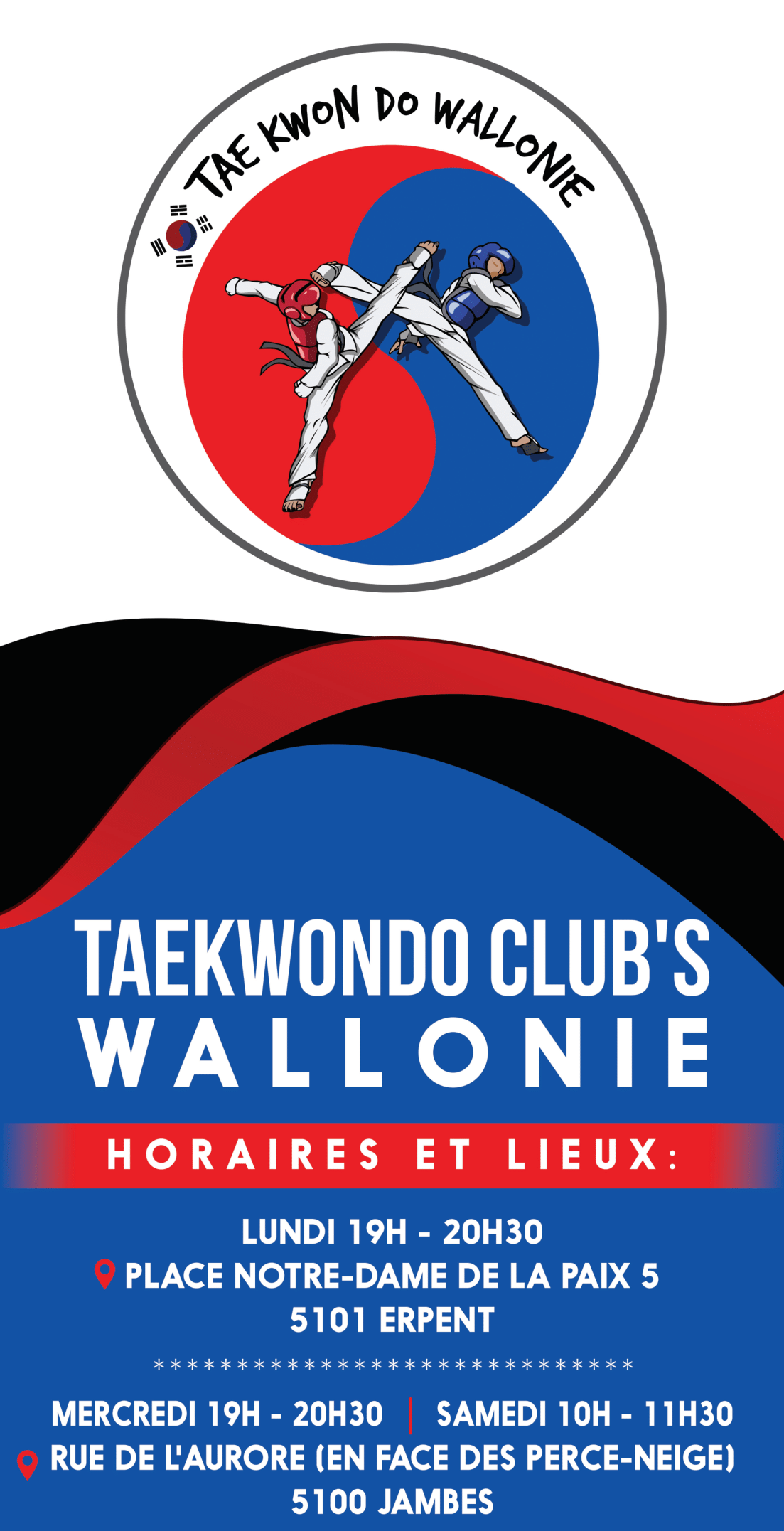 Taekwondo Clubs Wallonie prospectus: présente les lieux et horaires des clubs de Erpent et Jambes